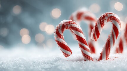 redandwhite candy cane in a snowy winter wonderland  festive christmas peppermint stick with soft bokeh cozy holiday décor still life and copy space ideal background for greeting cards