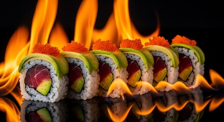 Delicious sushi roll with avocado topping presented with a dramatic flame background culinary delight