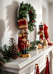 Traditional nutcracker with red hat and gold details displayed on a white mantle in bright indoor setting nutcrackers holiday  decoration christmas toy festive ornament