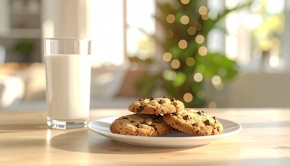 Warm, freshly baked chocolate chip cookies are stacked on a plate next to a glass of cold milk, creating a tempting dessert setup