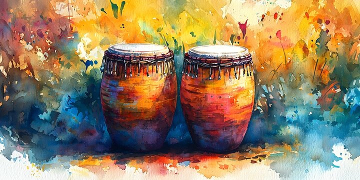 Vibrant Watercolor of Textured Conga Drums for Music Themed Visuals