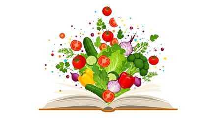 Healthy Eating Recipe Book Concept with Fresh Vegetables Bursting from the Pages and Colorful Dots