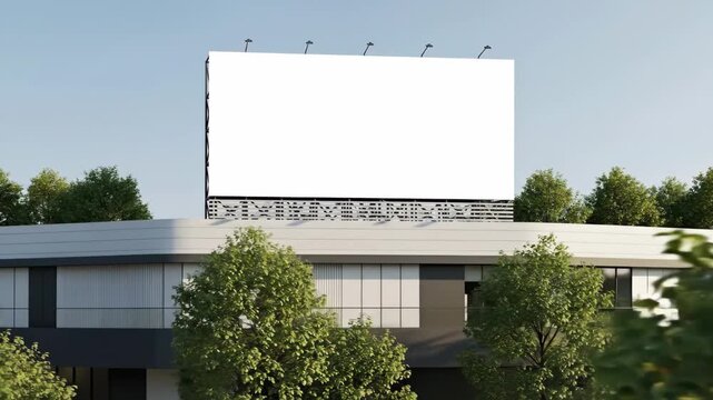 Highly Detailed 3D Rendered White Screen Billboard Mockup Mounted on Modern Corporate Building Structure with Green Trees and Clear Blue Sky Background