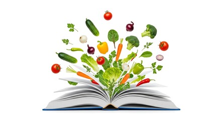 Open book overflowing with fresh colorful vegetables representing healthy eating education and culinary inspiration