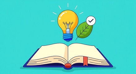 Open book with glowing light bulb and leaf symbolizes educational green energy solutions and creative concepts