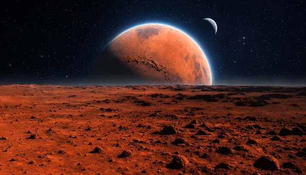 sci-fi view of massive orange planet and moon above desolate terrain