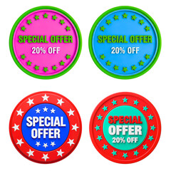 Colorful 3D Promotional Badges with “Special Offer 20% Off” Text