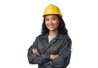 Smiling asian woman wearing a yellow hard hat isolated on transparent background