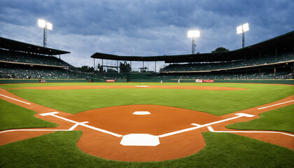 Obraz premium baseball field at night with floodlights and dark cloudy sky