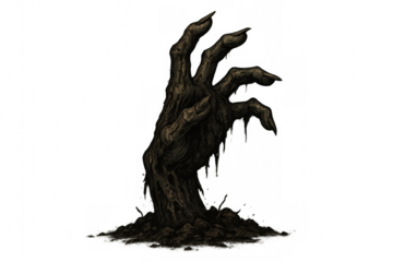 Zombie hand emerging from dirt, creepy undead monster concept for halloween and horror designs, transparent background
