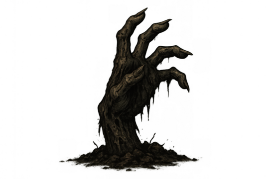 Zombie hand emerging from dirt, creepy undead monster concept for halloween and horror designs, transparent background