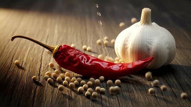 Close-up of a hand pouring spices over a red chili and garlic on wood