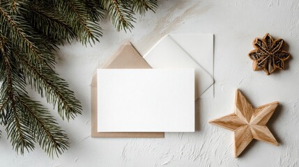 a blank greeting card rests on a clean tabletop alongside an envelope and wooden star decorations all set against minimal decor featuring pine branches