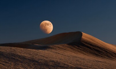 a cinematic wide shot of a moon rising above a sand dune in the desert at night, soft shimmering heat haze lingers above the curved dune crest