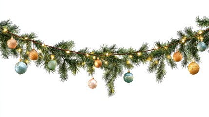 decorative christmas garland made of fir branches with twinkling fairy lights and baubles isolated on white background