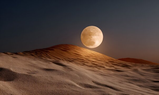 a cinematic wide shot of a moon rising above a sand dune in the desert at night, soft shimmering heat haze lingers above the curved dune crest - Powered by Adobe