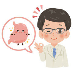 健康な胃のキャラクターと白衣を着た男性医師　上半身イラスト／Healthy Stomach Character with Male Doctor in White Coat　upper body illustration