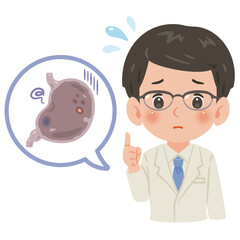 不健康な胃と白衣を着た男性医師　上半身イラスト／Unhealthy Stomach with Male Doctor in White Coat　upper body illustration