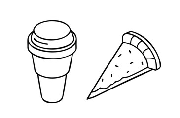Isometric Black Outline Vector Icons: Coffee Cup and Pizza Slice