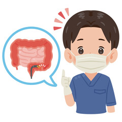 大腸カメラ検査を受ける大腸とスクラブを着た男性医師　上半身イラスト／Intestines Undergoing Colonoscopy with Male Doctor in Scrubs　upper body illustration