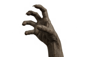 Zombie hand reaching, creepy arm with long claws, scary monster grasping, horror and halloween concept