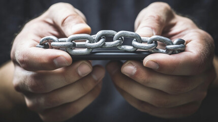 metallic chain binds a wrist to a smartphone, illustrating modern dependency, technology control, screen time obsession, and personal data captivity.