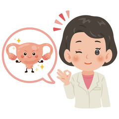 健康な子宮のキャラクターと白衣を着た女性医師　上半身イラスト／Healthy Uterus Character with Male Doctor in White Coat　upper body illustration