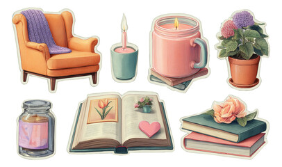 Cozy Home Decor Elements with Candles, Flowers, and Books on Transparent Background