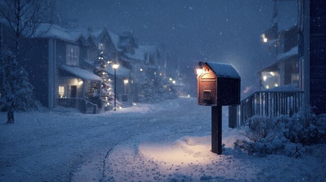 charming winter scene illuminated mailbox amidst a snowy street during christmas time