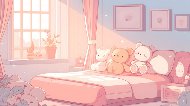 Cartoon vector illustration of a sweet baby girl child in a pink bedroom bed with a teddy bear toy, perfect for a birth announcement card or birthday greeting design - Powered by Adobe