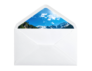 An open white envelope reveals a scenic mountain landscape with a bright blue sky and snow-capped peaks.