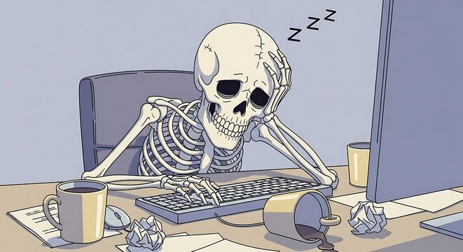 Exhausted Skeleton at Desk Overworked Drained Sleeping Coffee Spill Cartoon Style.