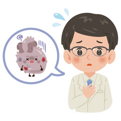 不健康な心臓のキャラクターと白衣を着た男性医師　上半身イラスト／Unhealthy Heart Character with Male Doctor in White Coat　upper body illustration