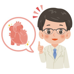 健康な心臓と白衣を着た男性医師　上半身イラスト／Healthy Heart with Male Doctor in White Coat　upper body illustration