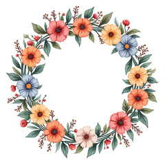 Obraz premium Watercolor floral wreath with colorful flowers, green leaves, and red berries arranged in a circle on a white background.