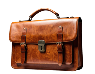 Brown leather briefcase with buckles and handle on white background.