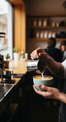 Candid Scene of Barista Pouring Latte with Soft Window Light in Cozy Cafe Interior