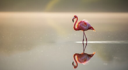 Flamingo Standing in Calm Lake with Reflection, Soft Morning Light