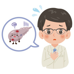 不健康な胆嚢のキャラクターと白衣を着た男性医師　上半身イラスト／Unhealthy Gallbladder Character with Male Doctor in White Coat　upper body illustration