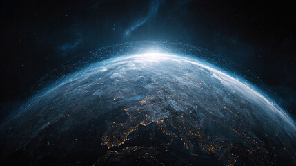 Global network protection concept, showing secure digital connections, firewalls, and shields protecting data across continents in hyperrealistic visualization.
