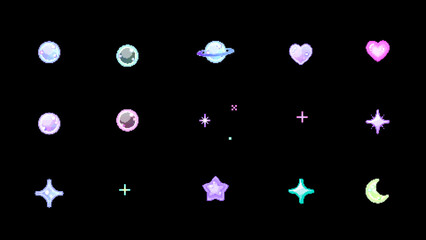 Cute 8bit Retro Game Style Hearts Glitter Planets Stars and Moon Illustration Set on Black Background