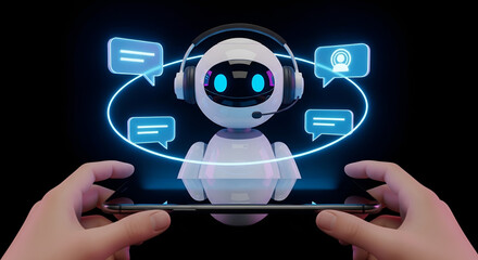 Customer Service and Artificial Intelligence, A 3D robotic chatbot with headphones and speech bubbles on a smartphone, denoting virtual support and efficient technological interaction