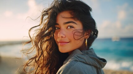 Plakat portrait of young woman at sea looking at camera smiling latin hispanic girl standing at the beach with copy space and looking at camera happy mixed race girl in casual outfit with wind in her hair n