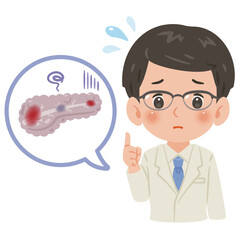 不健康な膵臓と白衣を着た男性医師　上半身イラスト／Unhealthy Pancreas with Male Doctor in White Coat　upper body illustration