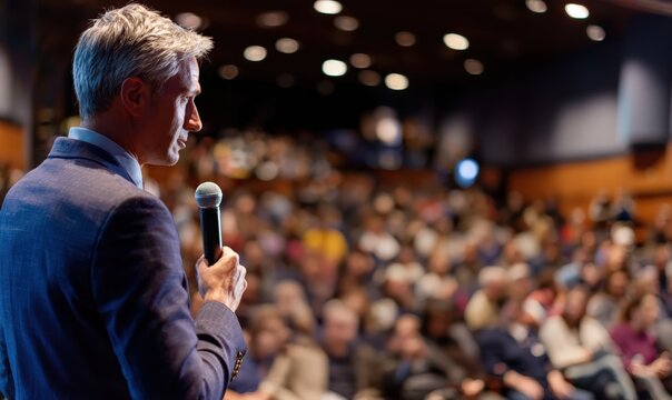 Man delivering a presentation, holding microphone, speaking to large audience during business seminar or meeting - Powered by Adobe