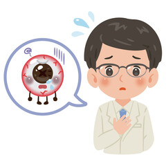 不健康な目のキャラクターと白衣を着た男性医師　上半身イラスト／Unhealthy Eye Character with Male Doctor in White Coat　upper body illustration
