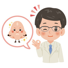 健康な鼻のキャラクターと白衣を着た男性医師　上半身イラスト／Healthy Nose Character with Male Doctor in White Coat　upper body illustration