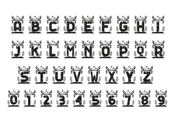 Vector alphabet and numbers in Christmas theme with reindeer antlers and snowflake decorations. Perfect for festive typography, holiday greeting cards, posters, and children’s designs.