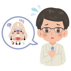 不健康な鼻のキャラクターと白衣を着た男性医師　上半身イラスト／Unhealthy Nose Character with Male Doctor in White Coat　upper body illustration