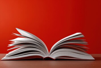 Open book with pages fanning against a vibrant red background, representing education, learning, and knowledge
